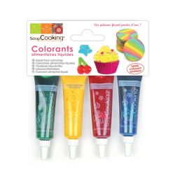 4 colorants alimentaires liquides rouge, bleu, jaune, vert