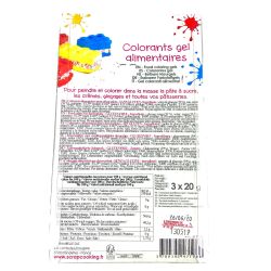 Ingrédients des 3 colorants alimentaires Jaune, Rouge et Bleu