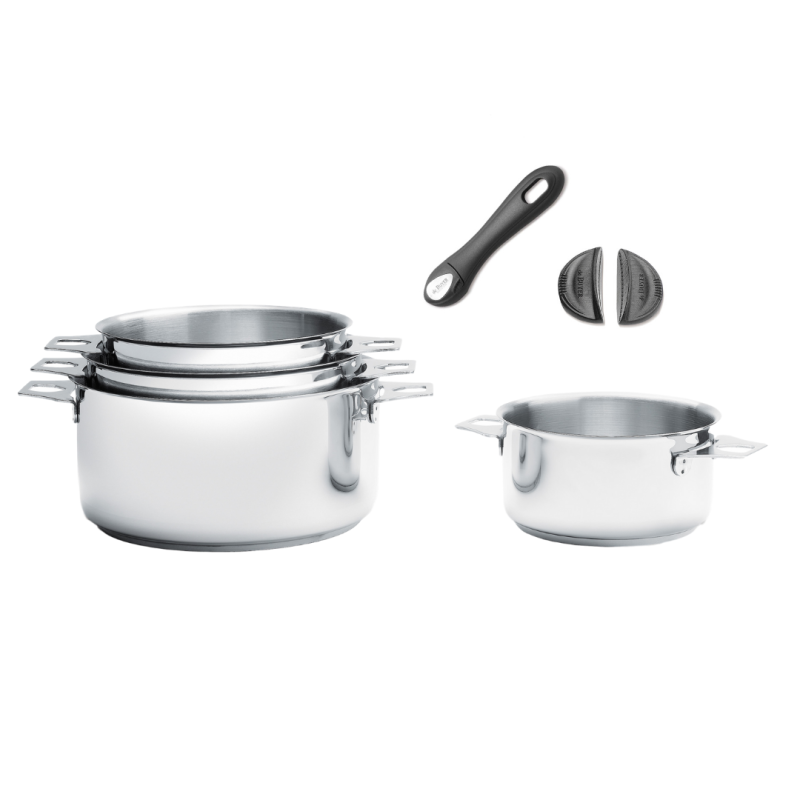 Lot de 4 casseroles en inox avec manche et anses clipsables