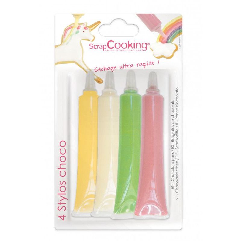 4 stylos au chocolat jaune, rose, vert, blanc