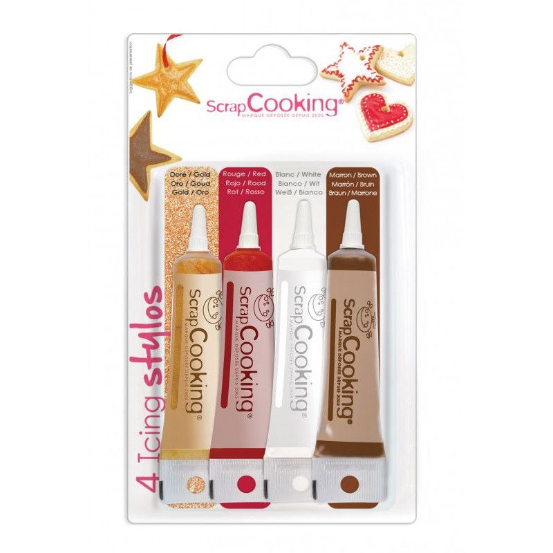 Lot de 6 stylos de glaçage Noël pour décorer les biscuits : blanc, vert  foncé, rouge, jaune, noir et bleu clair