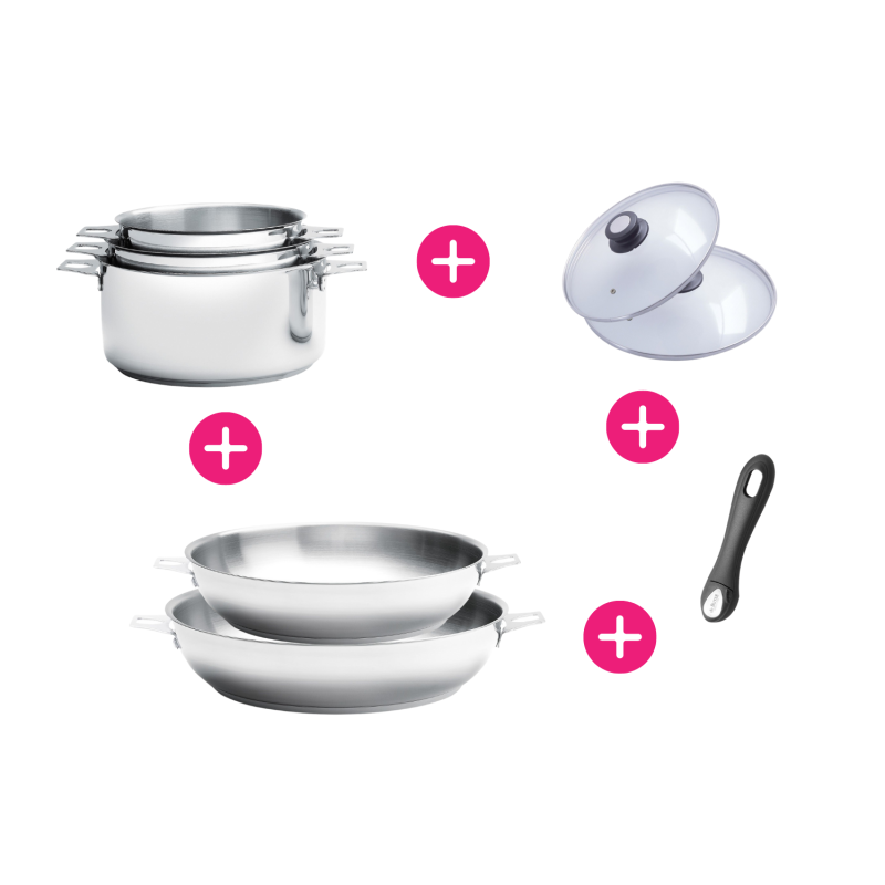 Set de cuisson avec poêle en inox Twisty et son manche amovible - Cuisson