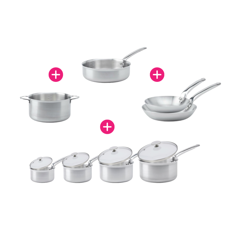 Pack 3 casseroles, 2 poêles inox Alchimy et cuillère en bois