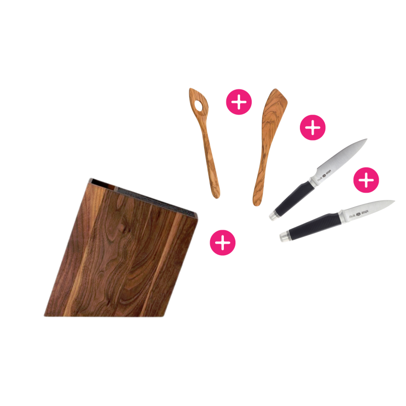 Pack Cadeau : Bloc de rangement noyer + 2 couteaux + 2 spatules