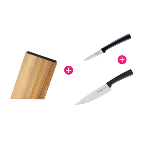 Coffret de découpe : bloc de couteaux en chêne et deux couteaux en acier inoxydable