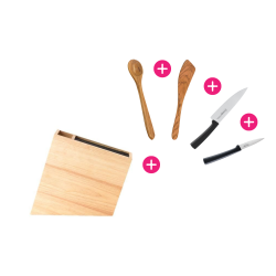 Pack Cuisine : Bloc rangement hévéa + 2 couteaux + Cuillère + Spatule