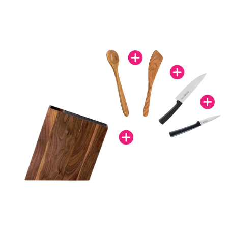 Ustensiles en bois avec Couteaux en inox et leur Rangement en bois
