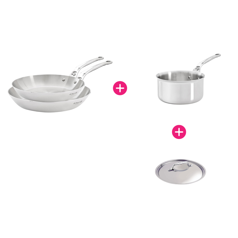 Set 2 poêles et casserole inox Affinity et couvercle De Buyer