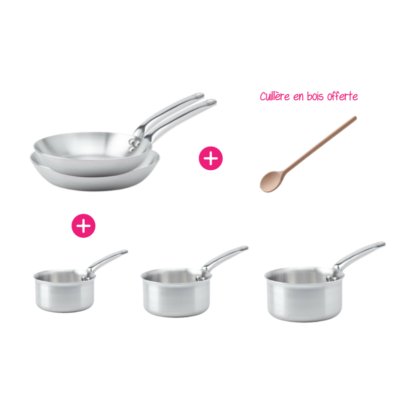 Pack 3 casseroles + 2 poêles Alchimy + cuillère en bois