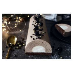 Bûche décorée de chocolat noir et perles dorées