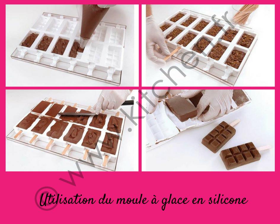 Utilisation simple du moule à glace en silicone : garnir, planter les bâtonnets, lisser, démouler.