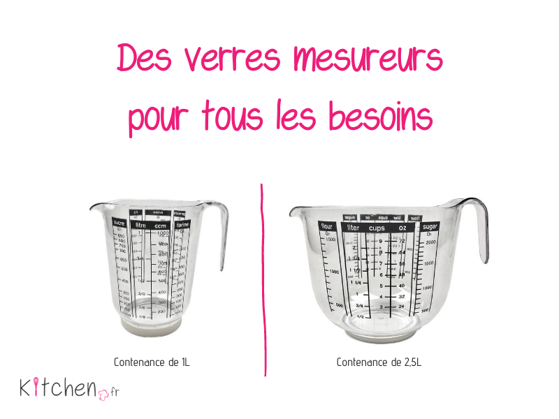 Verres doseurs de plusieurs contenances : 1L, 2,5L, etc.